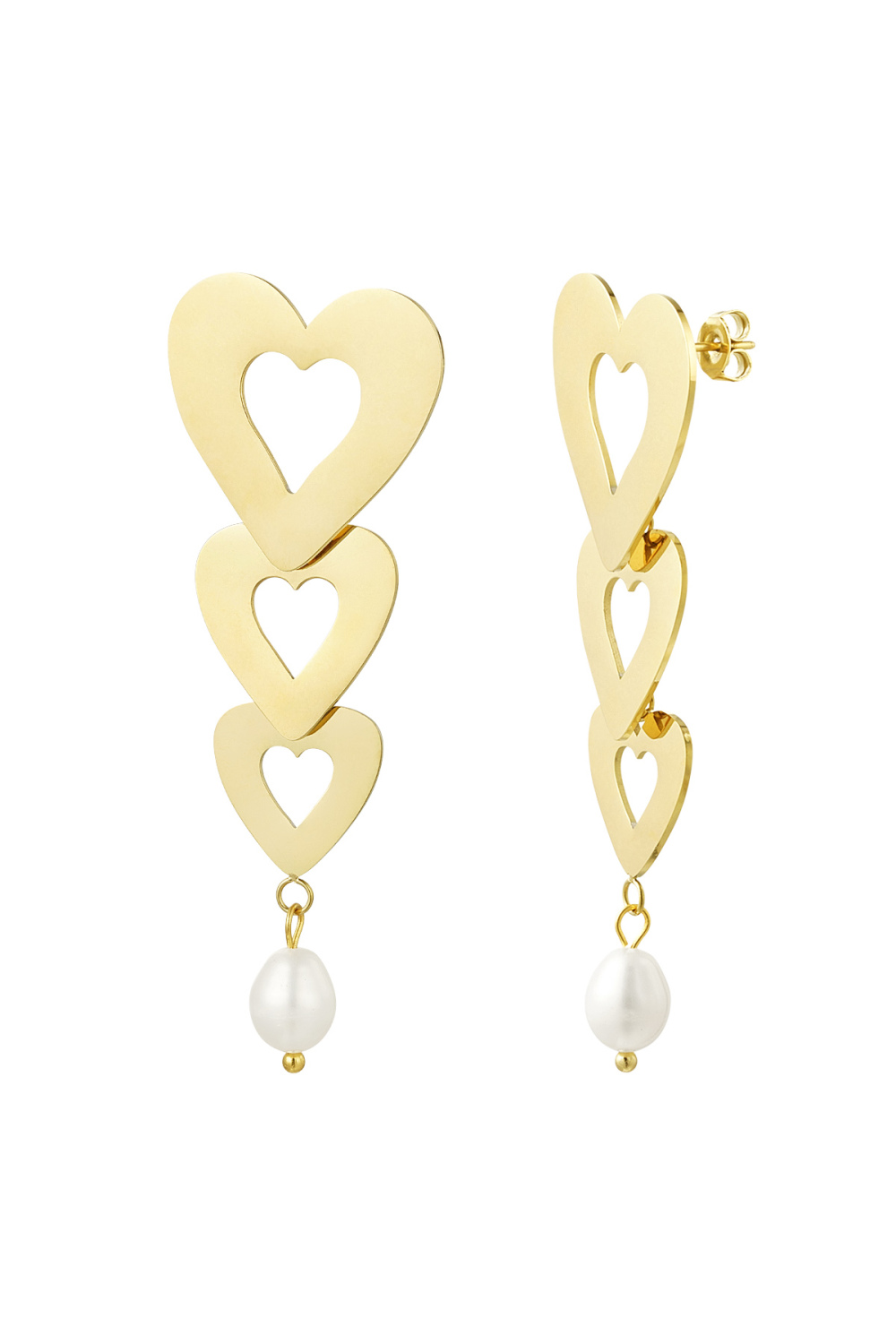 Boucles D'oreilles 3 Coeurs Avec Perle - Doré Acier Inoxydable 