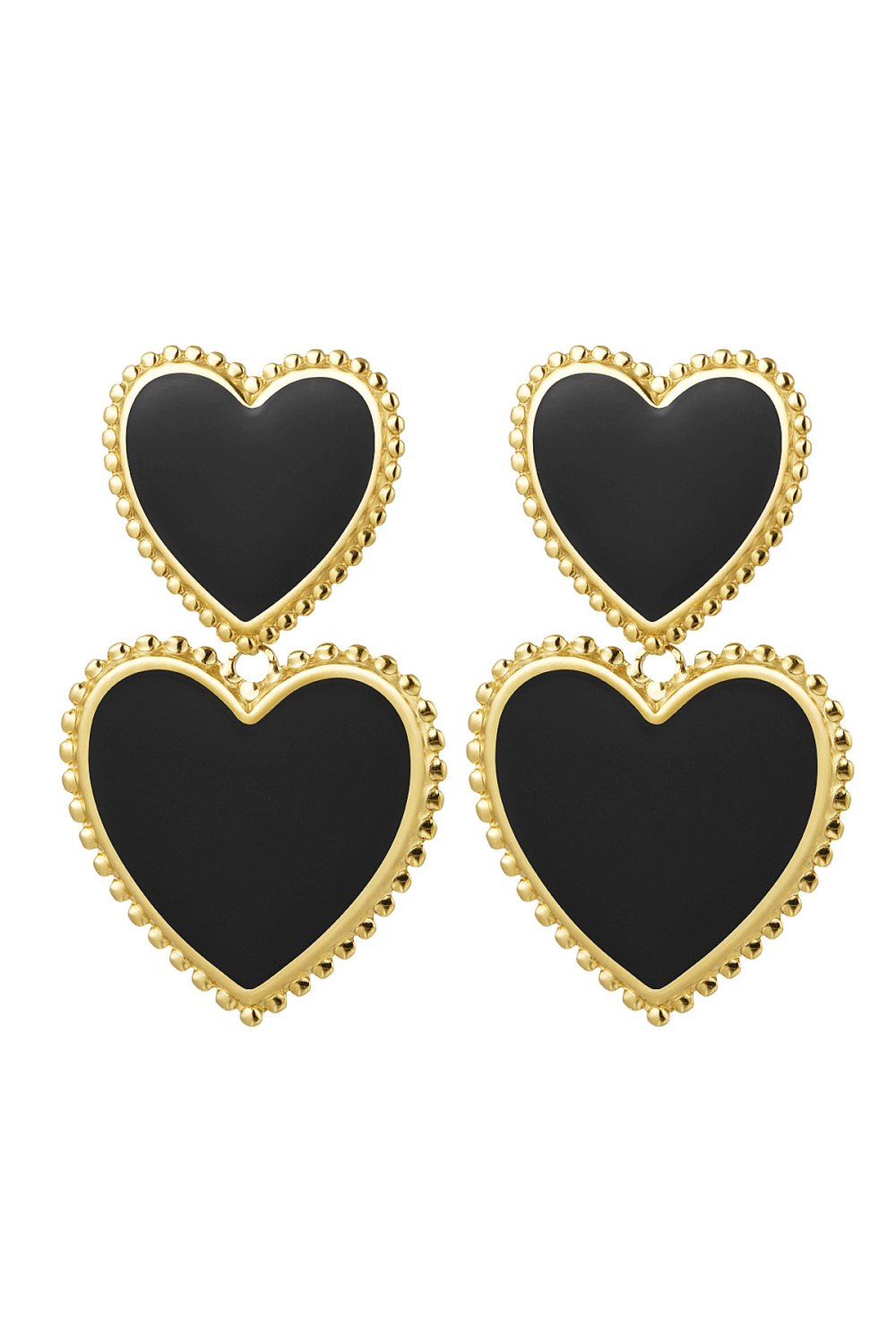 Boucles D'oreilles 2 X Coeur - Noir Noir & Couleur Or Acier Inoxydable 