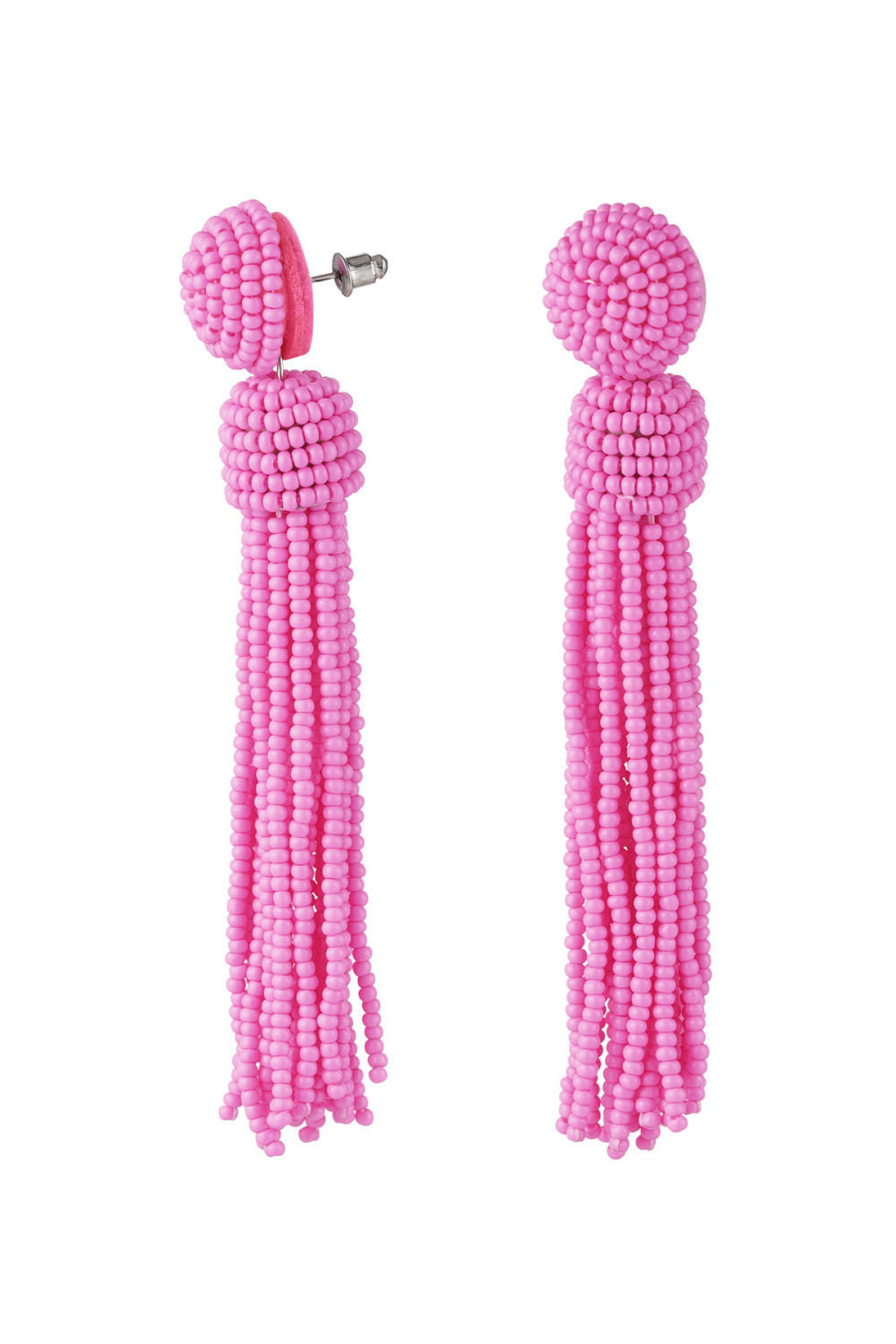 Boucles D'oreilles Pompon Perlé - Perles De Verre Fuchsia 