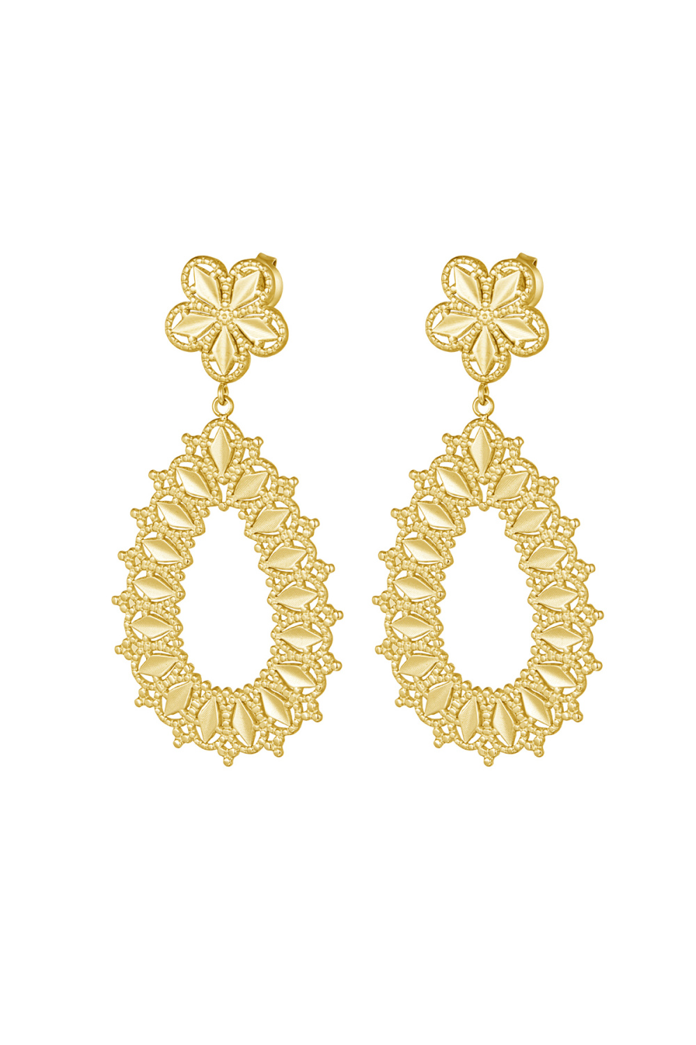 Boucles D'oreilles Pendantes Fleur - Doré  