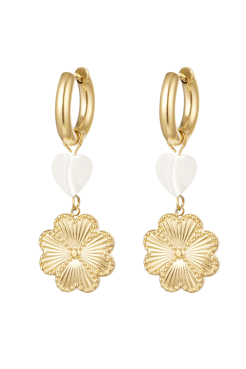 Boucles D'couleur Oreilles Avec Breloques Coeur & Fleur - Couleur Or Acier Inoxydable