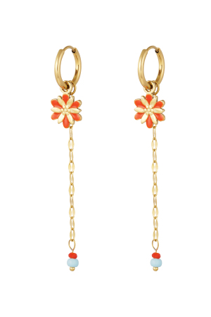 Boucle D'oreille Fleur Avec Chaine Et Perles Rouge h5