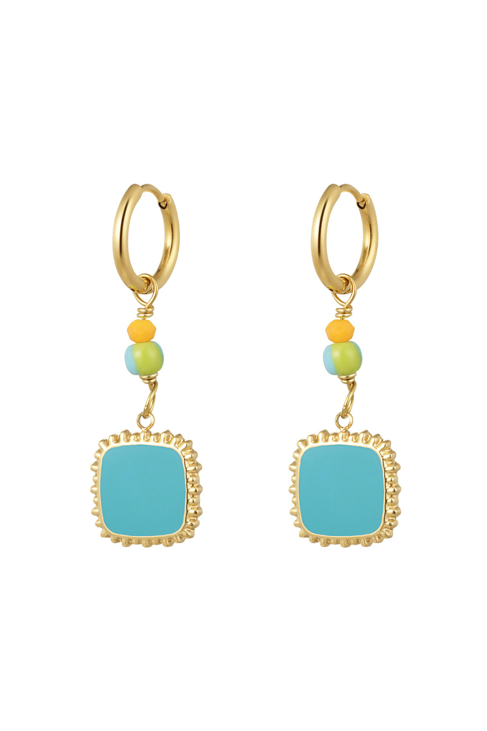 Boucles D'oreilles Avec Perles Et Pendentif Carré Bleu 
