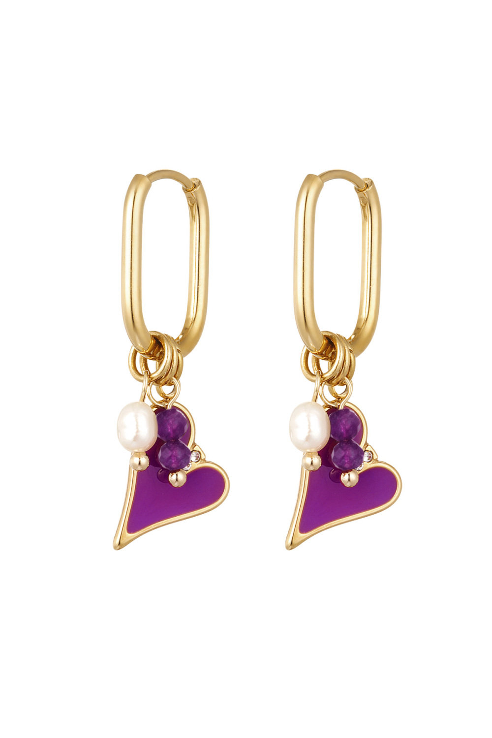 Boucles D'oreilles Coeur Coloré Avec Perle - Doré/Violet 
