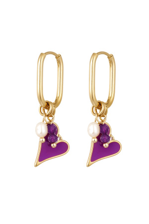 Boucles D'oreilles Coeur Coloré Avec Perle - Doré/Violet h5 