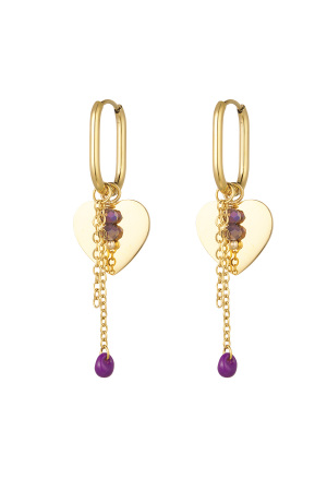 Boucles D'oreilles Coeur Avec Chaîne Et Perles - Doré/Violet h5 