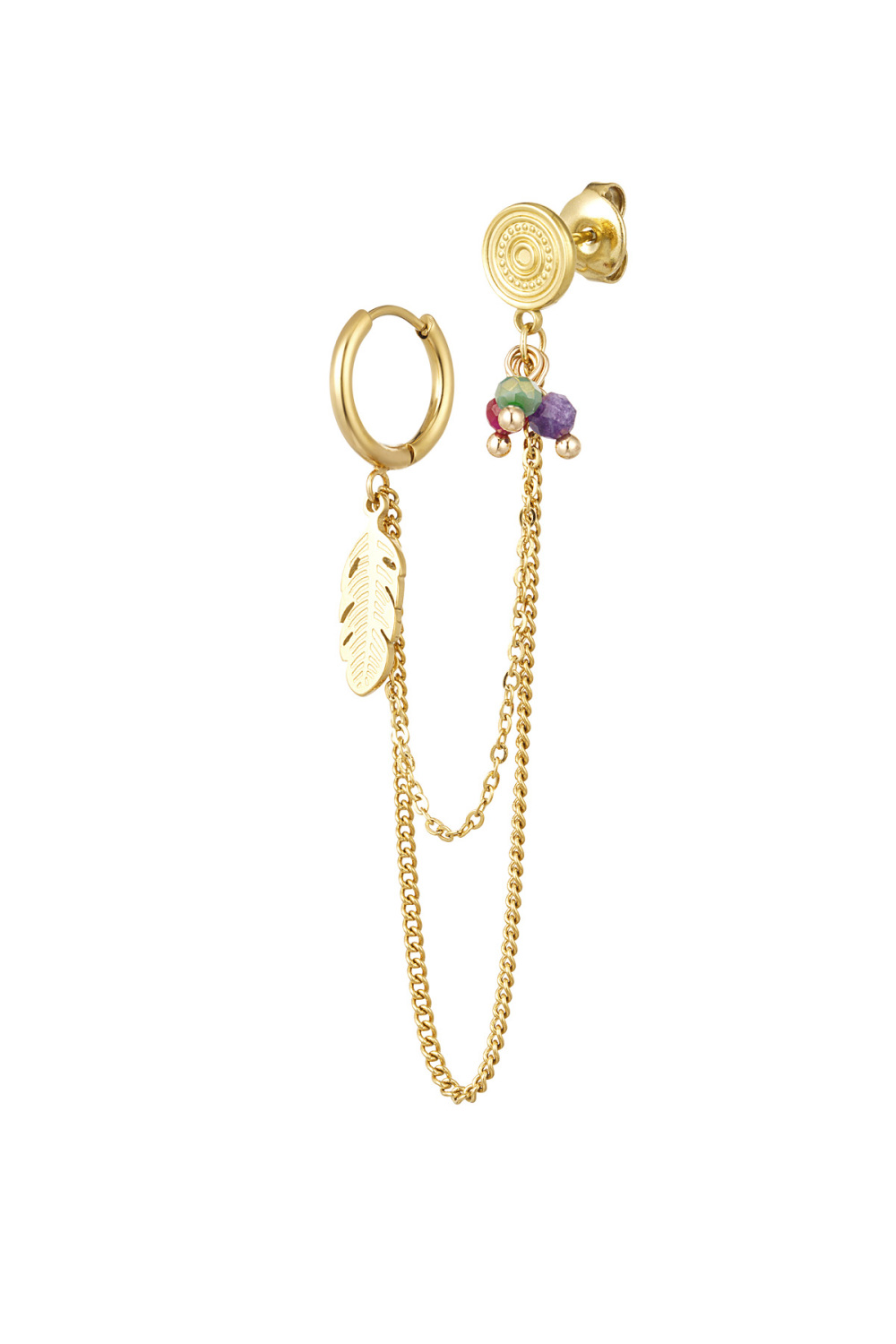 Boucle D'oreille Avec Puces Perles Et Plume - Dorée 