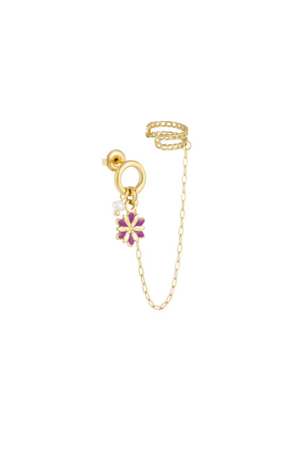 Boucle D'oreille Avec Ear Cuff Fleur - Doré/Violet 