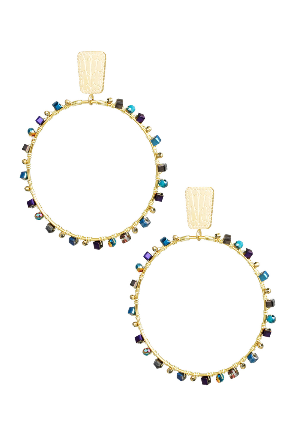 Boucles D'oreilles Rondes Avec Perles - Doré/Bleu 