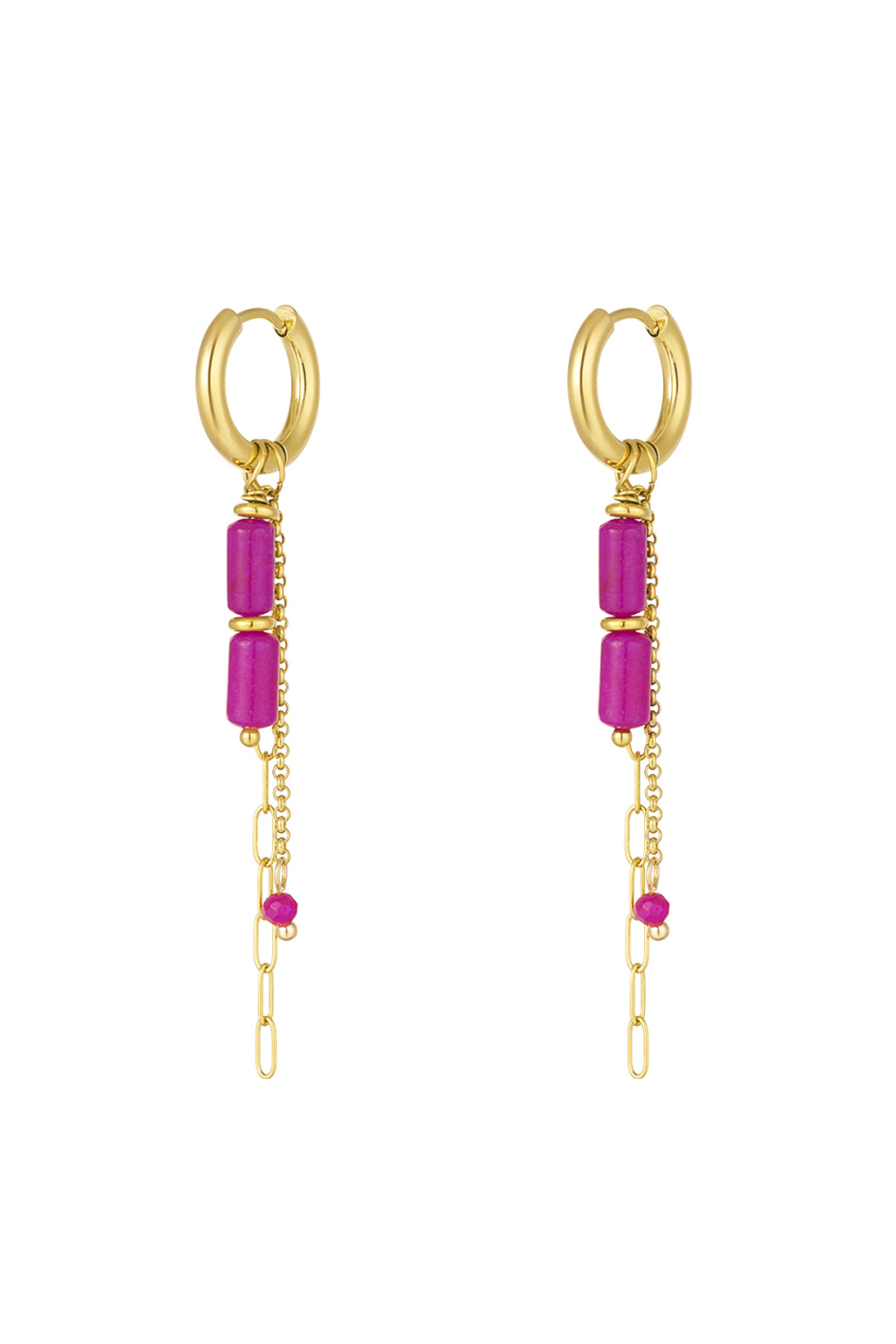 Boucles D'oreilles Perles Tube Avec Chaînes - Doré/Fuchsia 