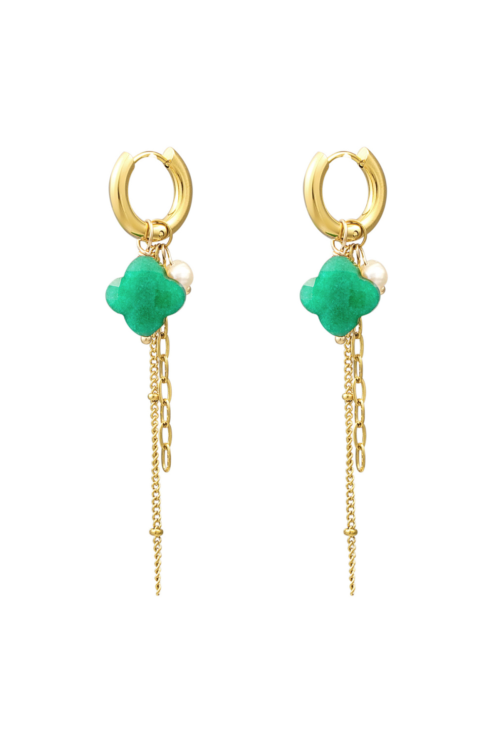 Boucles D'oreilles Trèfle Avec Chaînes - Doré/Vert Olive