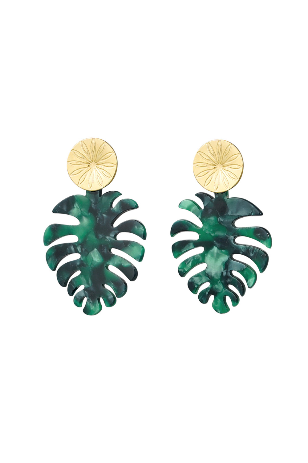 Boucles D'oreilles Feuilles Avec Imprimé - Doré/Vert 