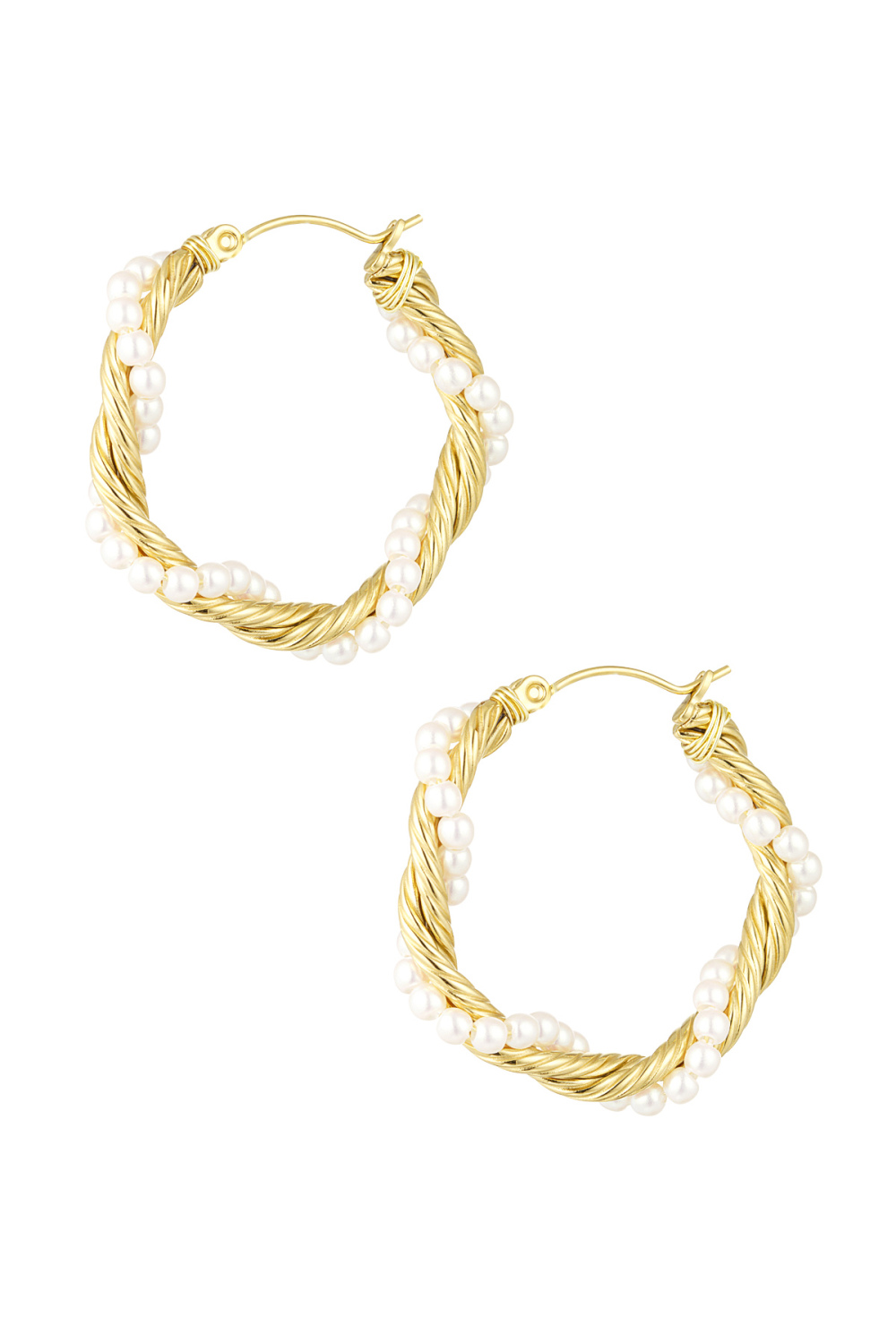 Boucles D'oreilles Rondes Corde Torsadée Avec Perles - Doré 
