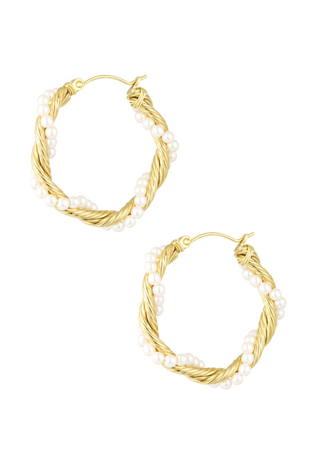 Boucles d'oreilles rondes corde torsadée avec perles - doré