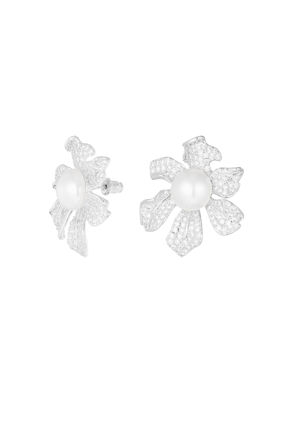 Boucles D'oreilles Fleur Scintillante Perle Argent - Zircon Cuivre