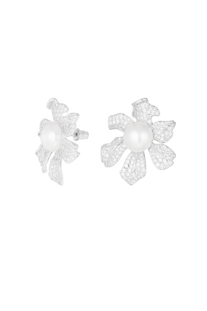 Boucles D'oreilles Fleur Scintillante Perle Argent - Zircon Cuivre h5