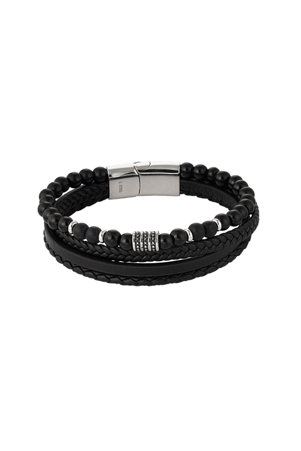 Bracelet Homme Double Tressé Avec Perles - Argent/Noir 