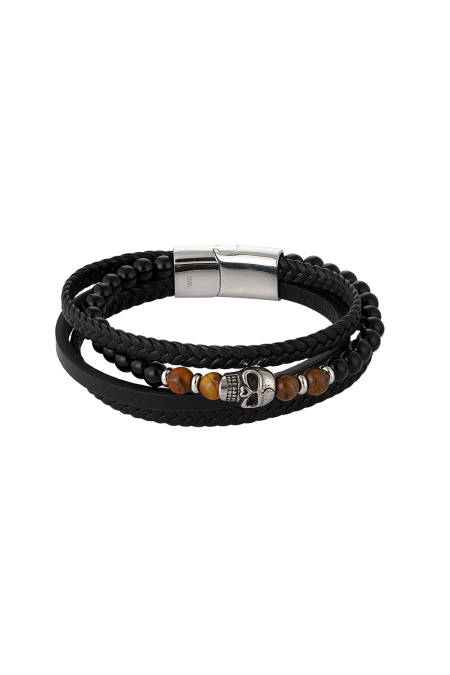 Bracelet double homme tressé perles et breloque tête de mort - marron/noir