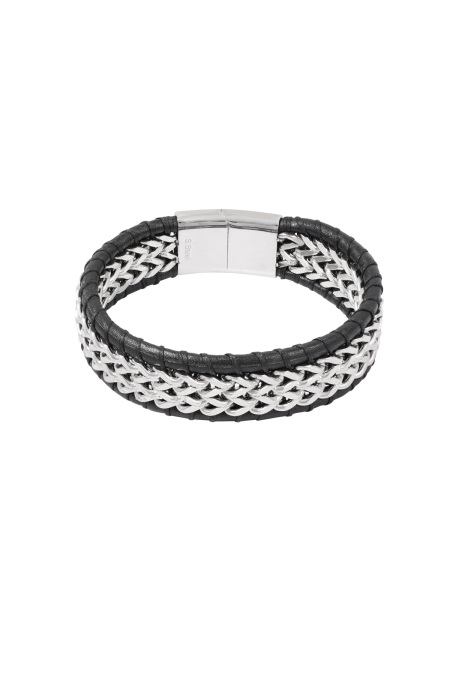Bracelet homme avec cuir - argent noir
