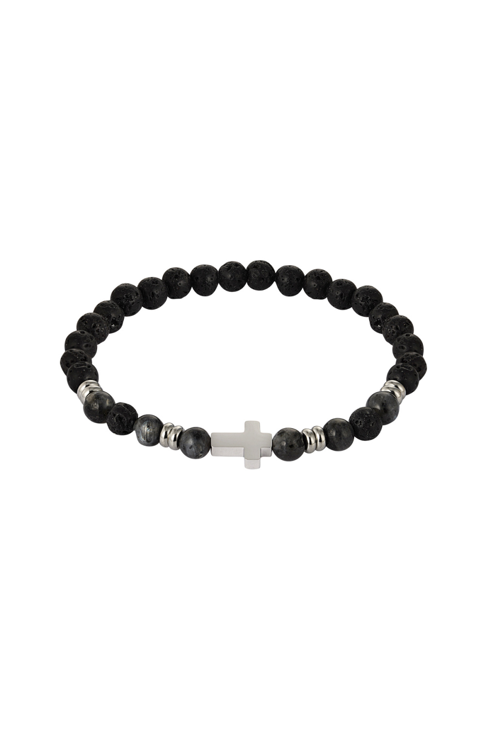Bracelet Homme En Perles Avec Croix - Argent Noir 