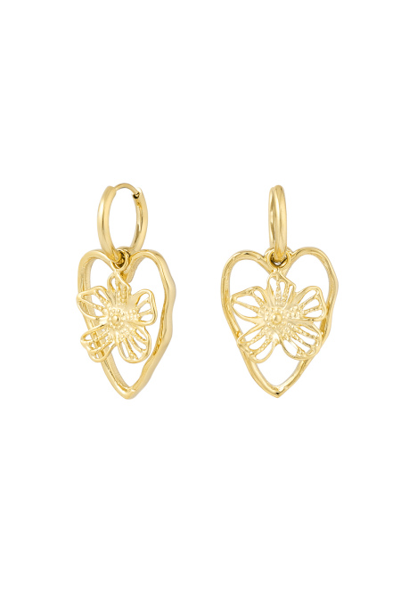 Boucles D'oreilles Déclaration Coeur Fleur - Doré
