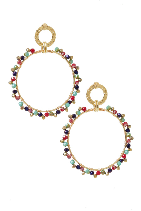 Boucles d'oreilles rondes double cercle avec perle colorée - cuivre - doré/multicolore