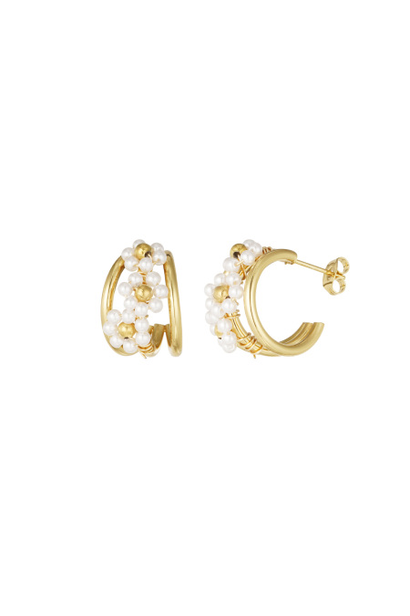 Boucles d'Couleur oreilles perles fleuries - Couleur or blanc