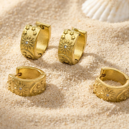 Boucles d'oreilles créoles élégantes pour femmes, en acier inoxydable doré avec zircon, motif soleil, étoile et lune