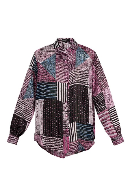 Blouse en Polyester pour Femme Motif Patchwork Manches Longues 2
