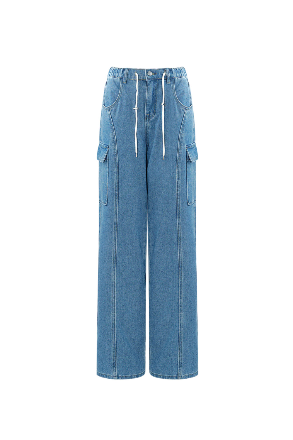 Coton Tissé Pantalon Droit Femme Décontracté Couleur Unie Indigo Moyen h5Image5
