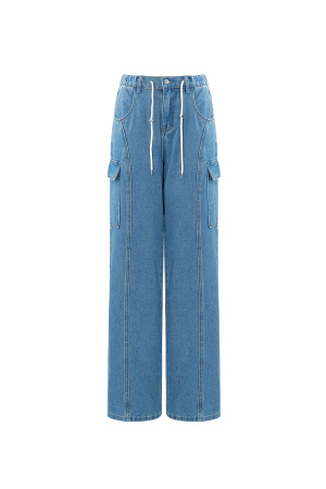 Coton Tissé Pantalon Droit Femme Décontracté Couleur Unie Indigo Moyen h5 Image5