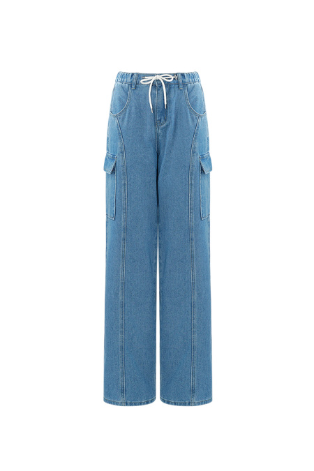 Coton Tissé Pantalon Droit Femme Décontracté Couleur Unie Indigo Moyen 2