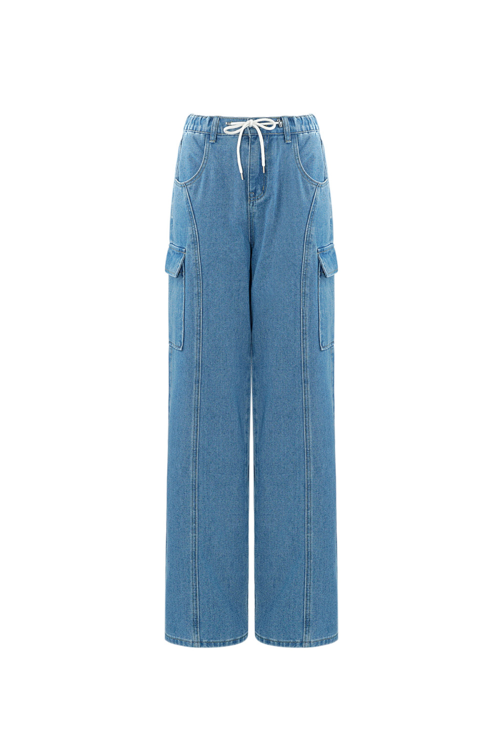 Coton Tissé Pantalon Droit Femme Décontracté Couleur Unie Indigo Moyen