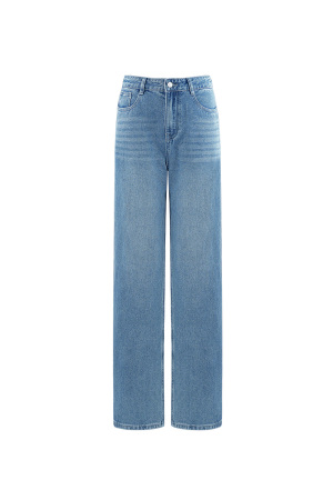 Coton Tissé Femmes Pantalon Droit Jeans Décontracté Couleur Unie Indigo Moyen h5 