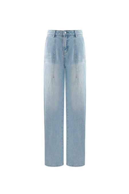 Pantalon femme à taille haute et jambe large en denim lavé clair 2