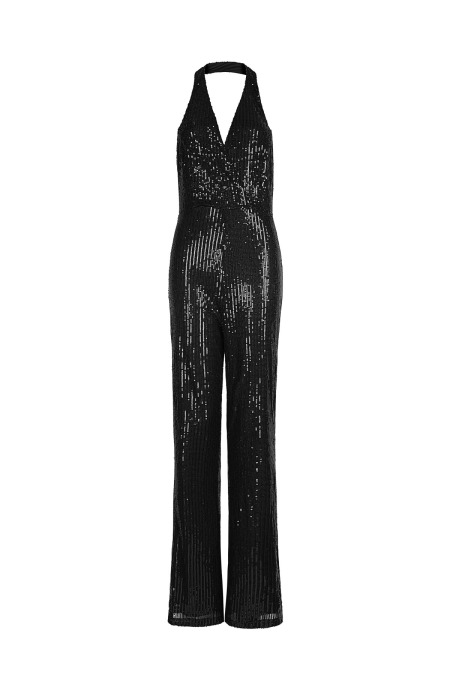 Polyester Femme Salopette Paillettes Col Halter Large Jambe 2