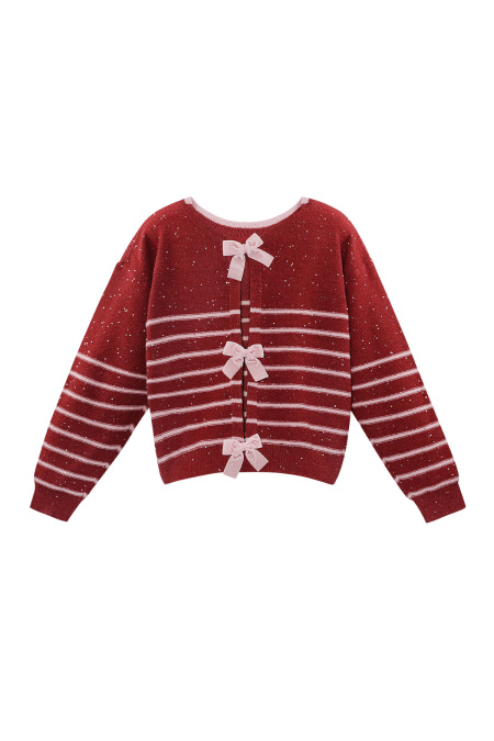 Pull en Polyester Tissé Femme Manches Longues Détail Nœud Rayures 2