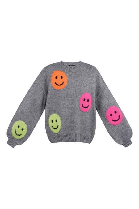 Pull Femme Oversized En Laine Mélange Tricoté Appliqué Visage Souriant 2