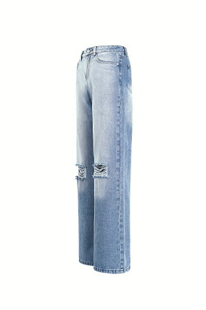 Cotton Woven Femme Pantalon Droit Jeans Ripped h5 Image6