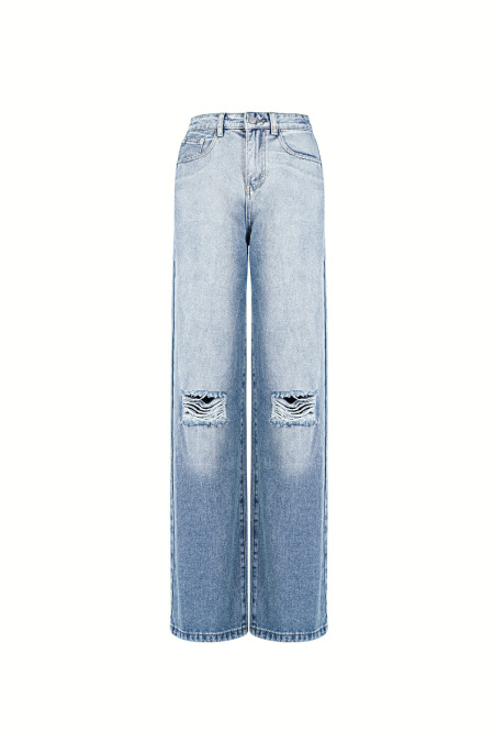 Cotton Woven Femme Pantalon Droit Jeans Ripped 2