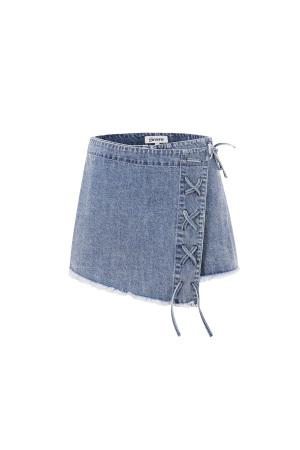 Coton Denim Jupe Mini Femme Lacets Latéraux h5