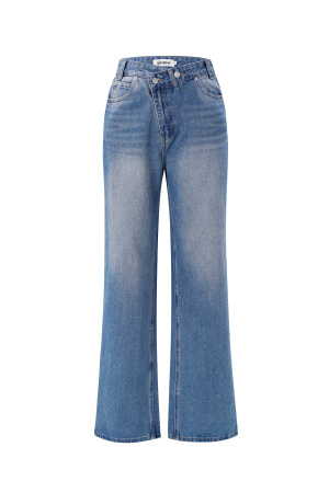 Coton Tissé Femmes Pantalon Droit Jeans Décontracté Couleur Unie Indigo Moyen h5