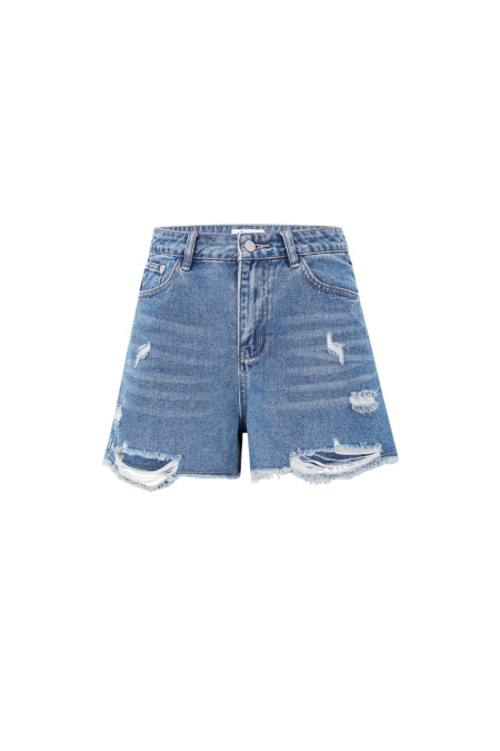 Denim Femmes Shorts Haute Taille Détail Déchiré Ourlet Effiloché 2