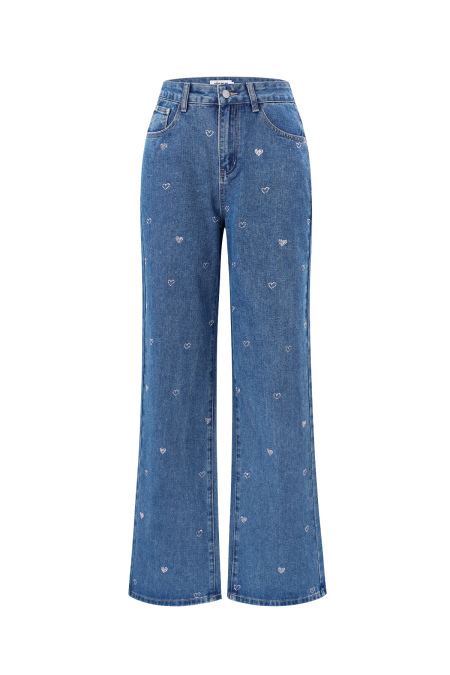 Coton Tissé Femmes Pantalon Droit Jean Broderie Cœur Décontracté 2