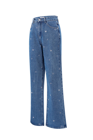 Coton Tissé Femmes Pantalon Droit Jean Broderie Cœur Décontracté h5 Image5