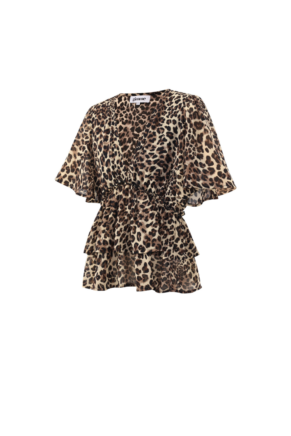 Blouse Femme À Imprimé Léopard, Col En V Et Ourlet Froncé Avec Manches Courtes Évasées Image6