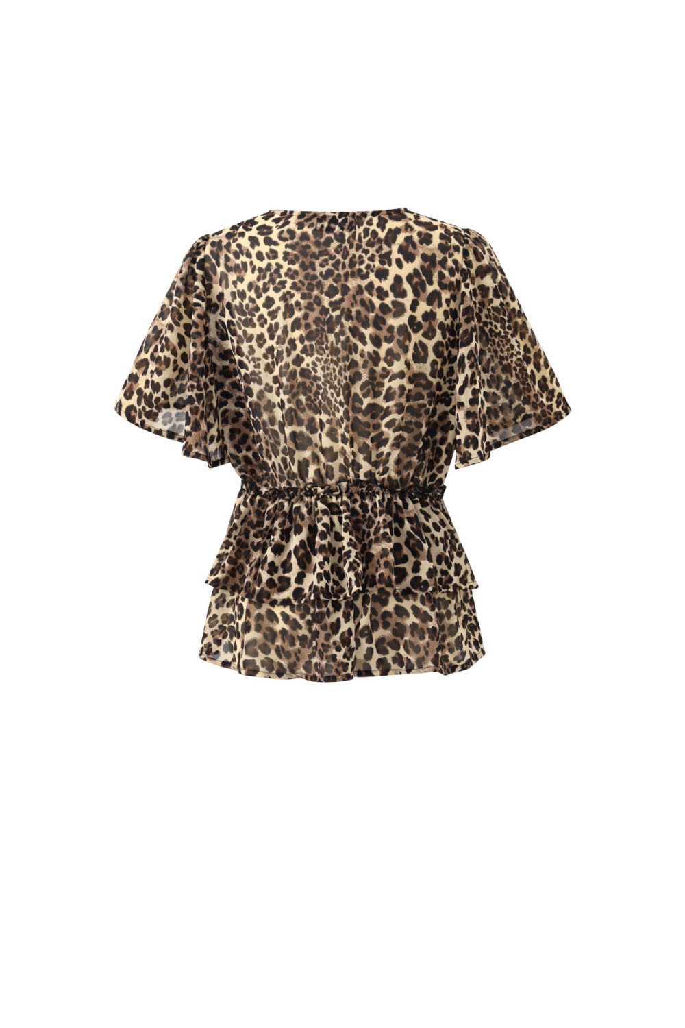 Blouse Femme À Imprimé Léopard, Col En V Et Ourlet Froncé Avec Manches Courtes Évasées Image7
