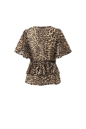 Blouse Femme À Imprimé Léopard, Col En V Et Ourlet Froncé Avec Manches Courtes Évasées h5 Image7