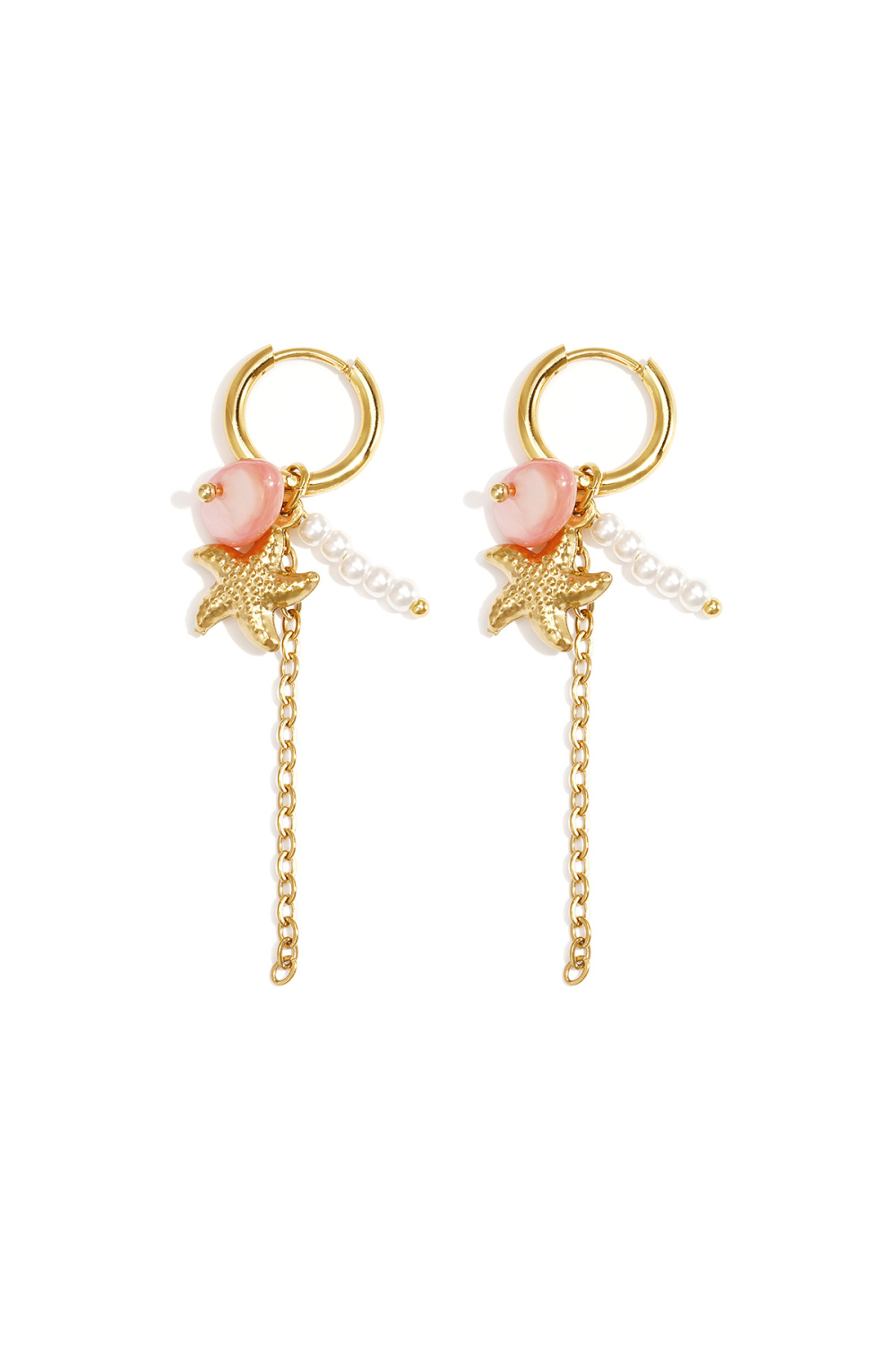 Petites Boucles D'Oreilles Créoles Ornées D'Étoiles De Mer, D'Une Chaîne, De Perles Et De Perles De Rocaille. h5Image3