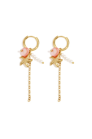 Petites Boucles D'Oreilles Créoles Ornées D'Étoiles De Mer, D'Une Chaîne, De Perles Et De Perles De Rocaille. h5 Image3